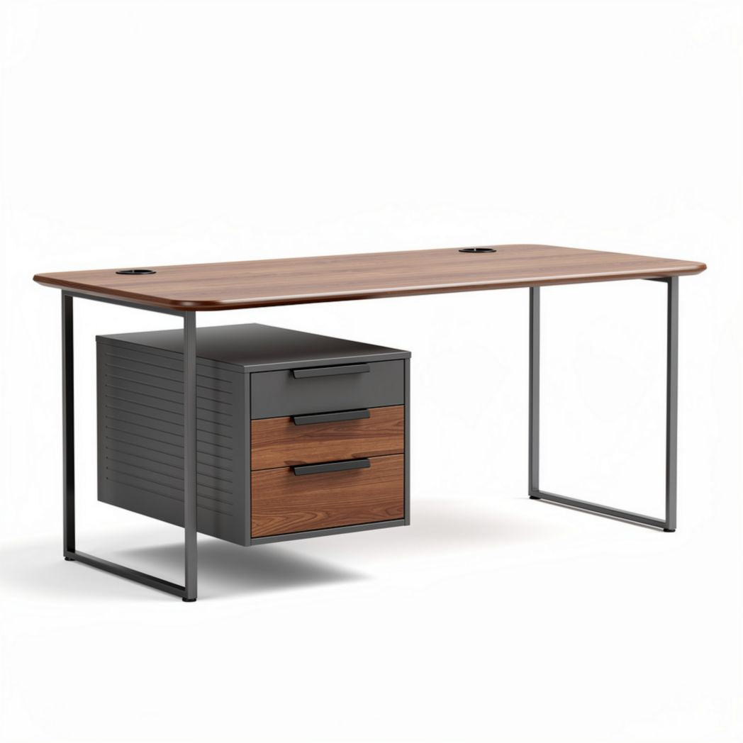 Biurko z drewna i metalu z szafką 150 x 75 x 75cm brązowe i czarne